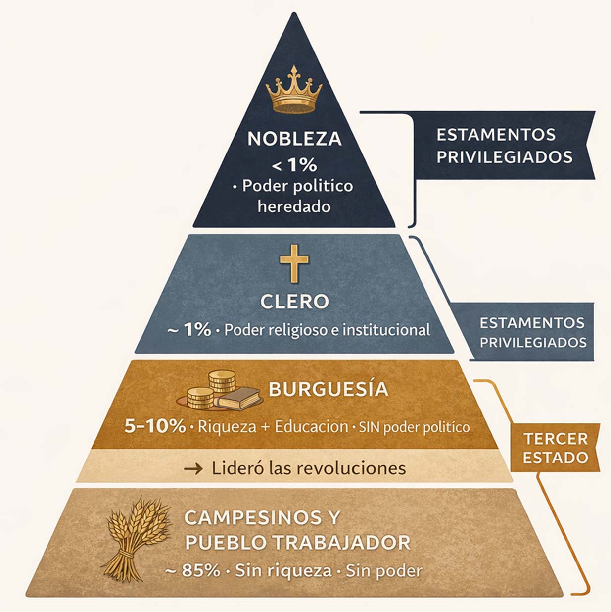 Pirámide de la sociedad del Antiguo Régimen con cuatro niveles: Nobleza, Clero, Burguesía y Campesinos