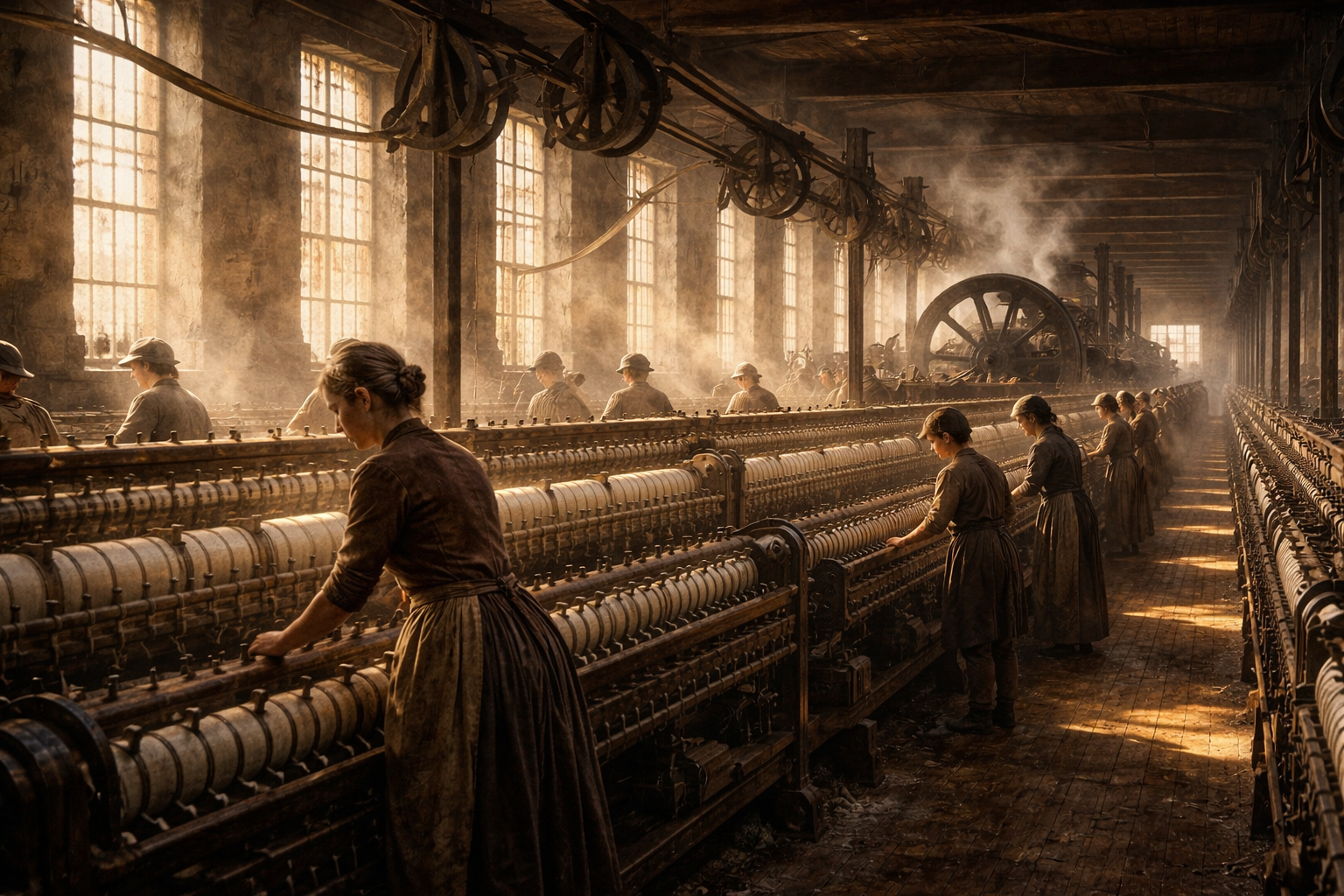 Interior de una fábrica textil del siglo XIX con telares mecánicos y trabajadores
