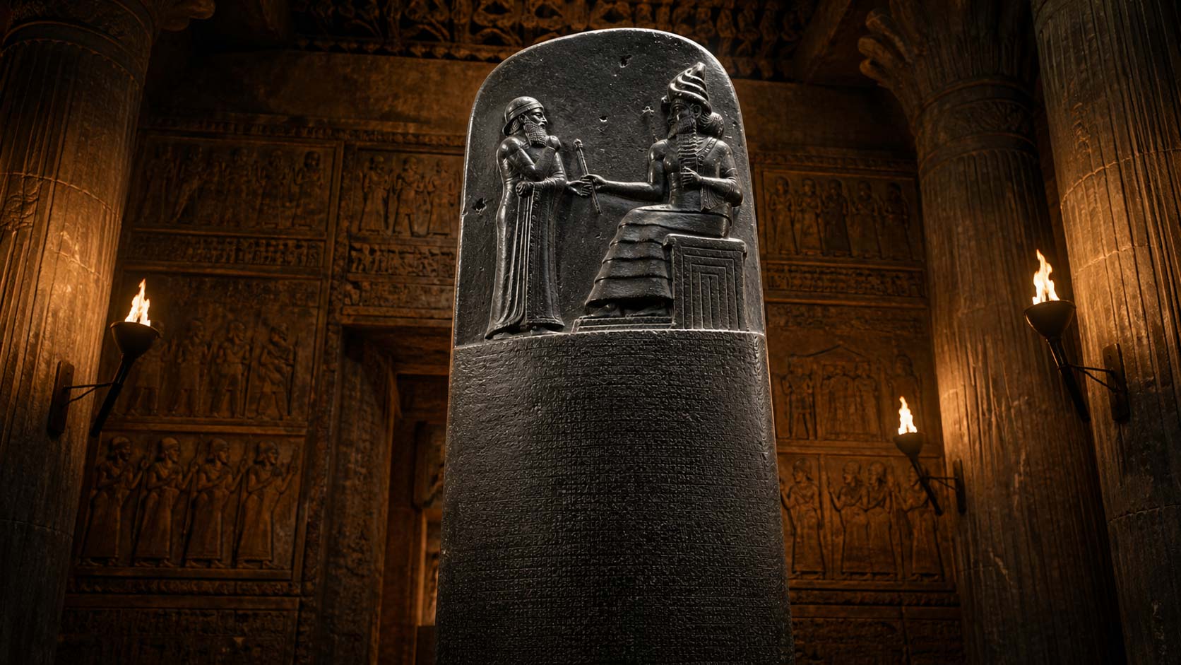 Estela del Código de Hammurabi en el Museo del Louvre, con relieve del rey recibiendo las leyes del dios Shamash