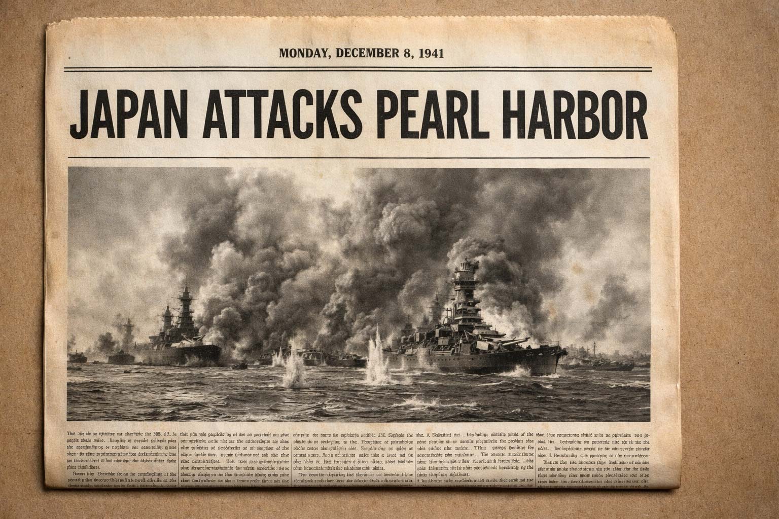 Periódico del 8 de diciembre de 1941 con el titular U.S. Declares War