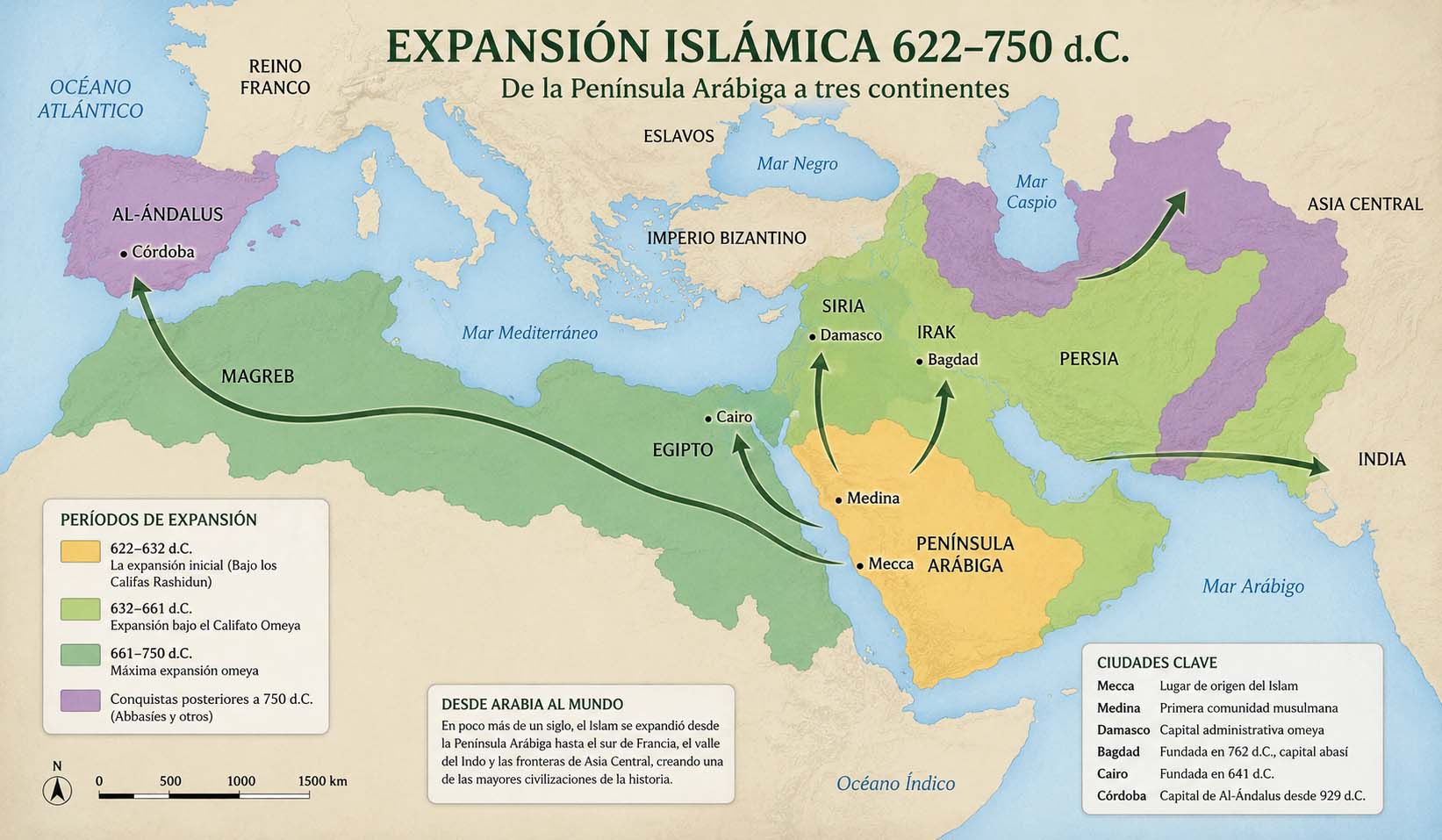 Mapa de la expansi&oacute;n del islam entre 622 y 750 d.C.