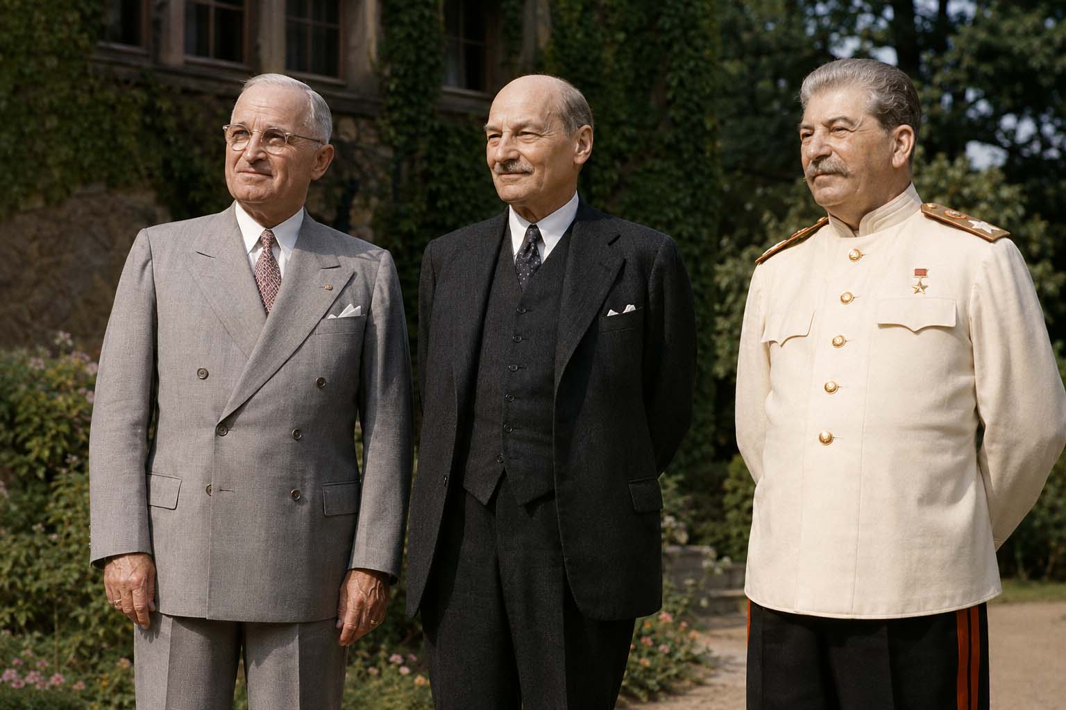 Truman, Attlee y Stalin en la Conferencia de Potsdam, julio de 1945