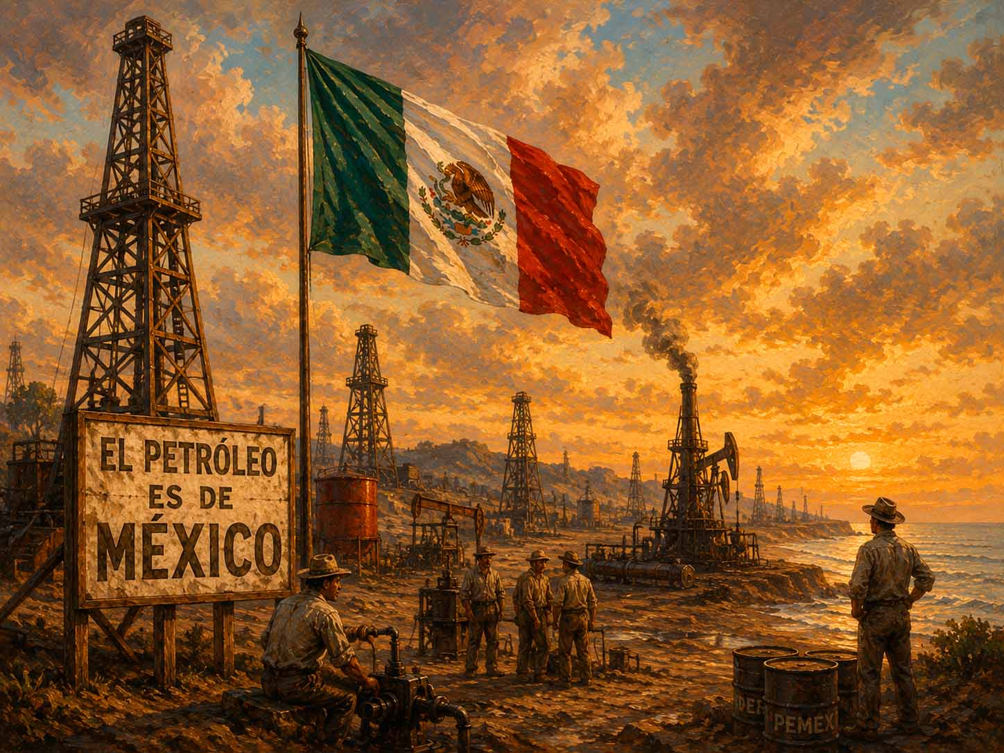 Ilustración de torres petroleras mexicanas con la bandera de México, simbolizando la expropiación petrolera de 1938 durante el gobierno de Lázaro Cárdenas