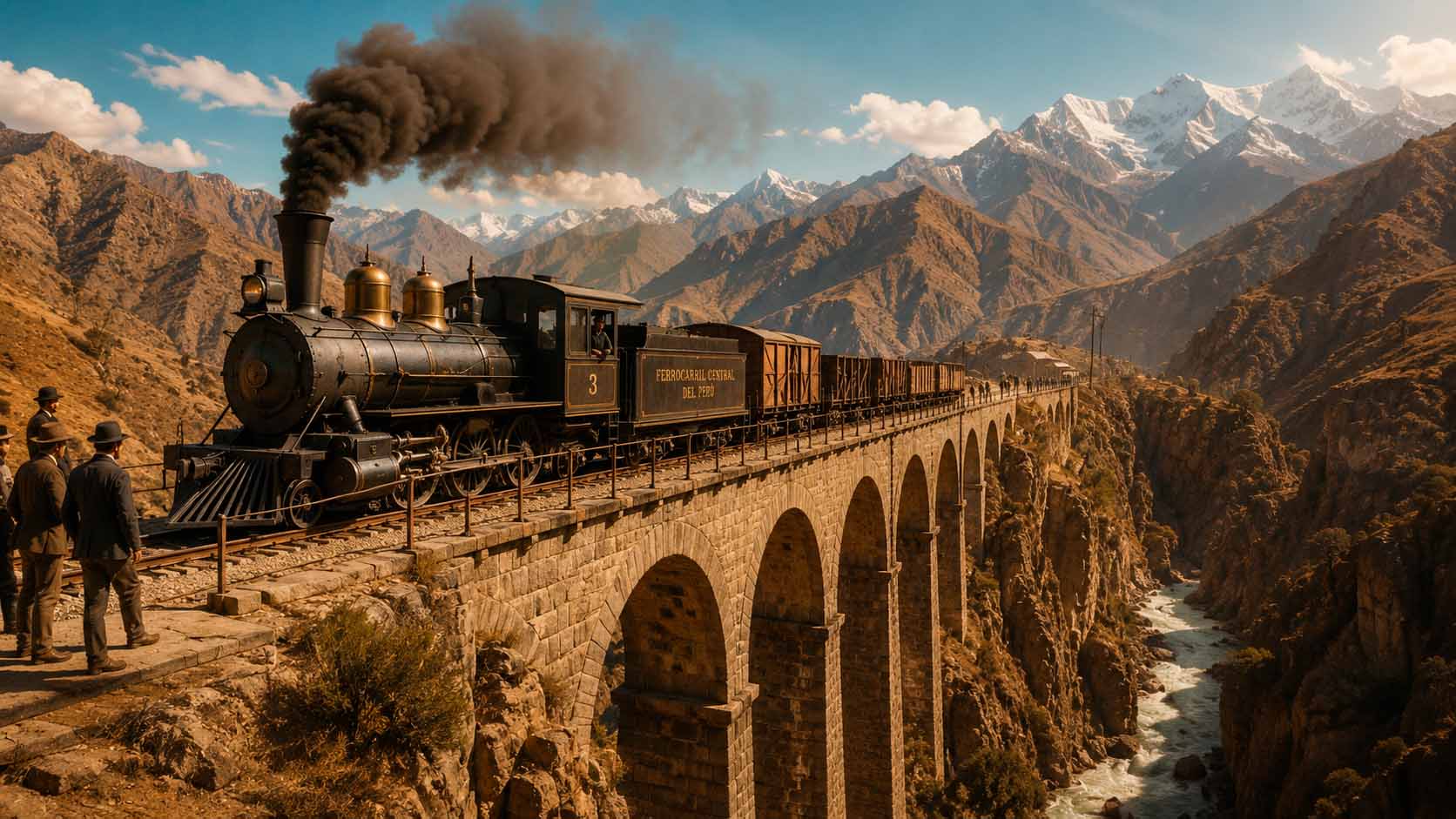 Fotografía histórica de una locomotora de vapor en los Andes peruanos, en la línea ferroviaria construida por Henry Meiggs en la segunda mitad del siglo XIX, con vías sobre un viaducto de piedra