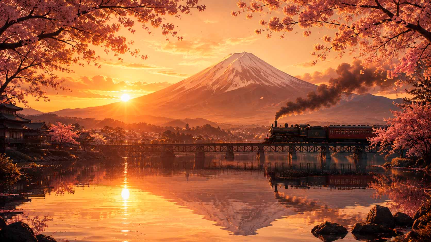 Vista panorámica del monte Fuji al amanecer con el sol naciente reflejado en un lago, símbolo del Japón Meiji en ascenso