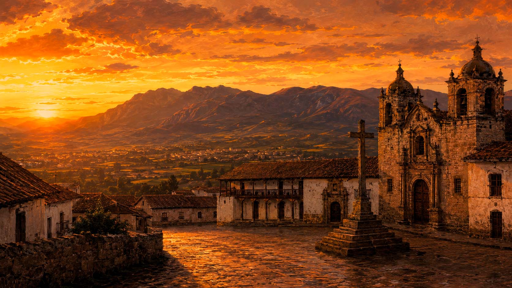 Vista de la plaza de Cajamarca al atardecer con los Andes al fondo, recreando el escenario histórico del encuentro de 1532