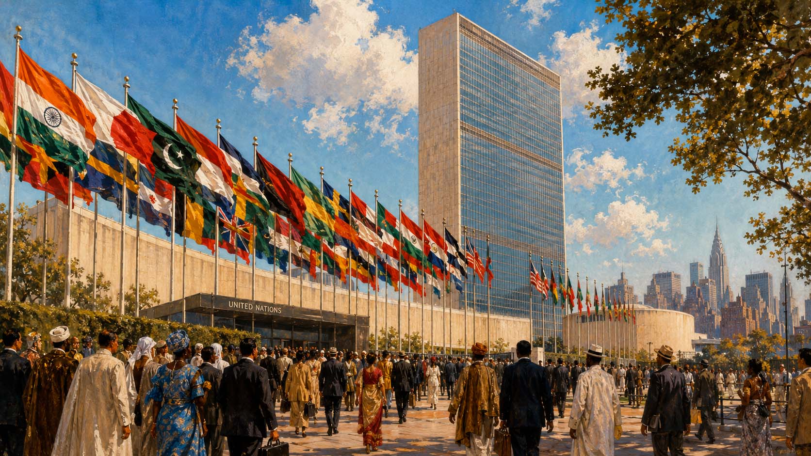 Banderas de nuevas naciones africanas y asiáticas ondeando ante la sede de la ONU en Nueva York, años 1960