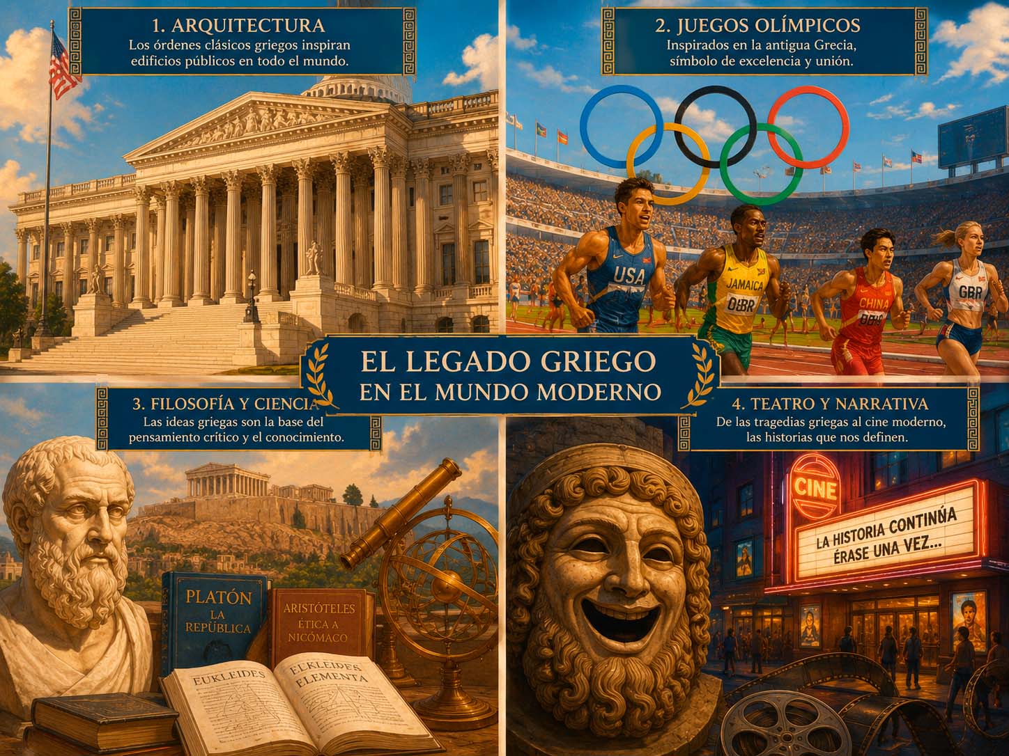 Collage que muestra el legado griego en el mundo actual: el Congreso de EE.UU. con columnas corintias, los aros olímpicos, un libro de filosofía y el Palacio de Justicia de Lima
