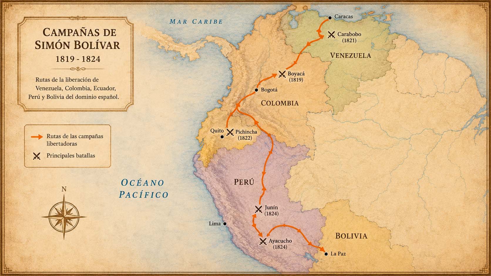 Mapa de América del Sur mostrando las rutas y campañas militares de Simón Bolívar desde Venezuela hasta Bolivia, con las batallas principales marcadas