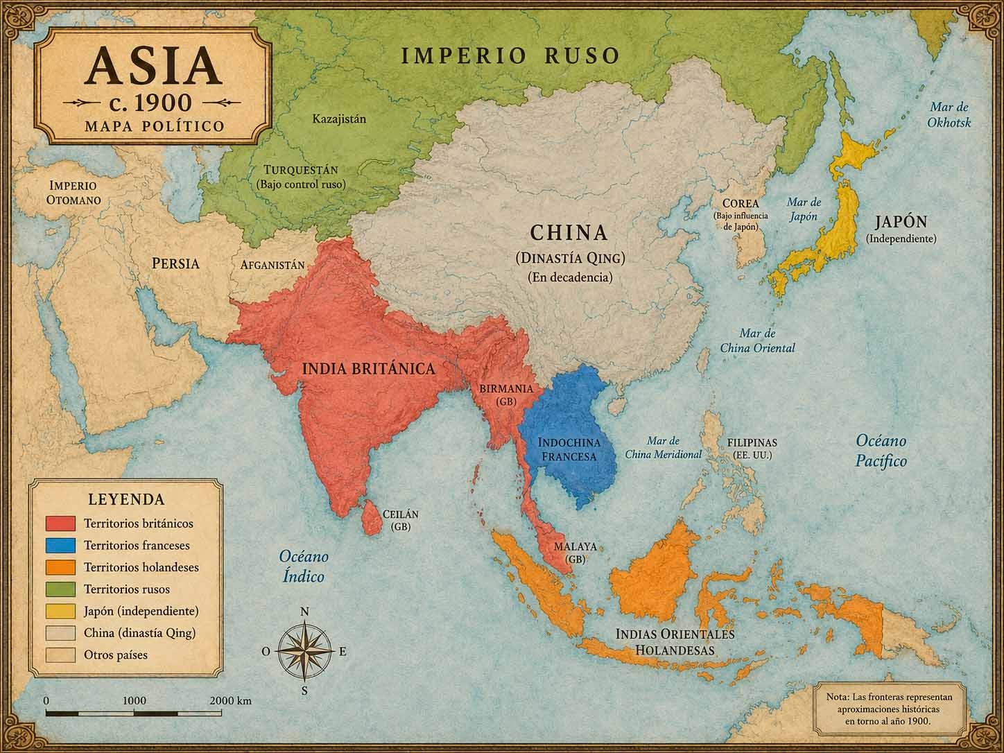 Mapa político de Asia hacia 1900 con los territorios coloniales de Gran Bretaña, Francia, Holanda, Rusia y otras potencias europeas