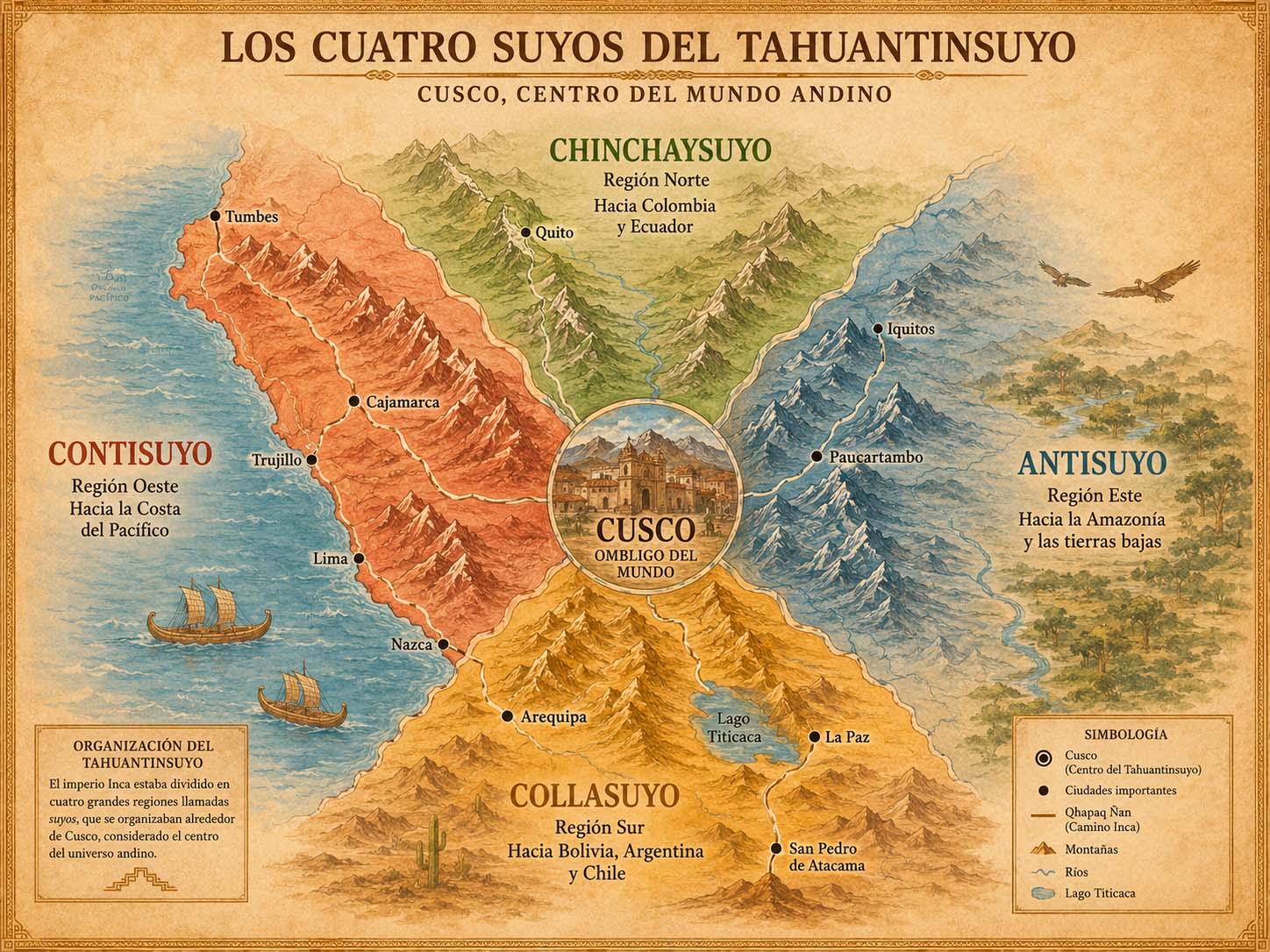 Mapa esquemático de los cuatro suyos del Tahuantinsuyo con el Cusco en el centro: Chinchaysuyo al norte, Antisuyo al este, Collasuyo al sur y Contisuyo al oeste