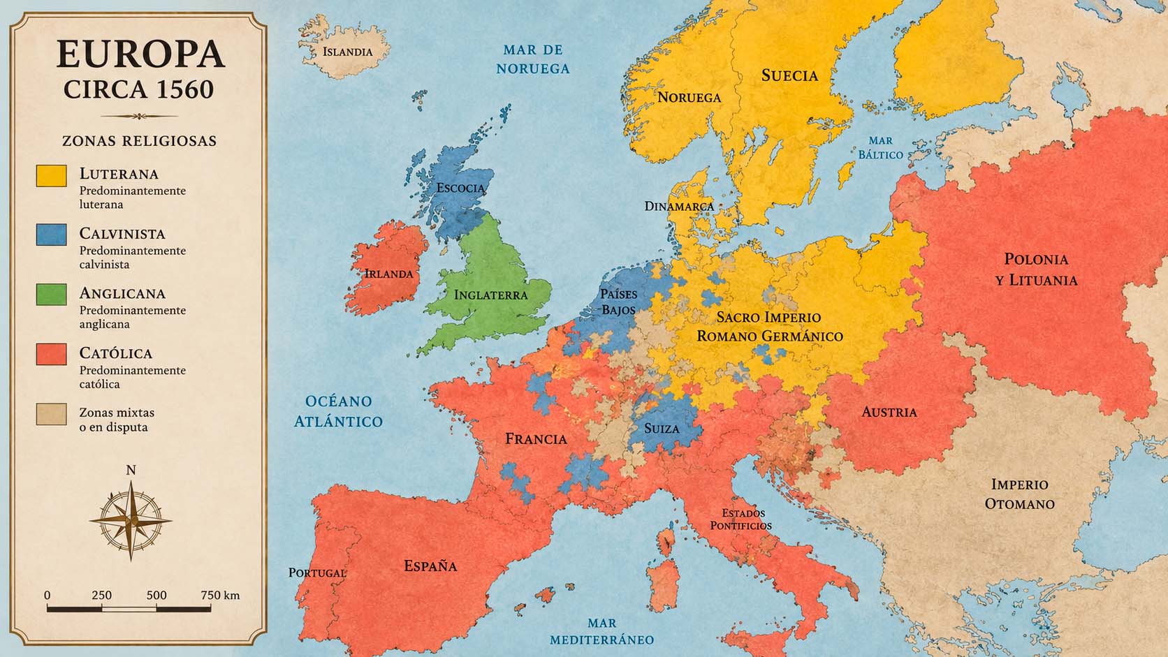Mapa de Europa en el siglo XVI con las zonas protestantes (norte) y católicas (sur) tras la Reforma, indicando los territorios luteranos, calvinistas y anglicanos