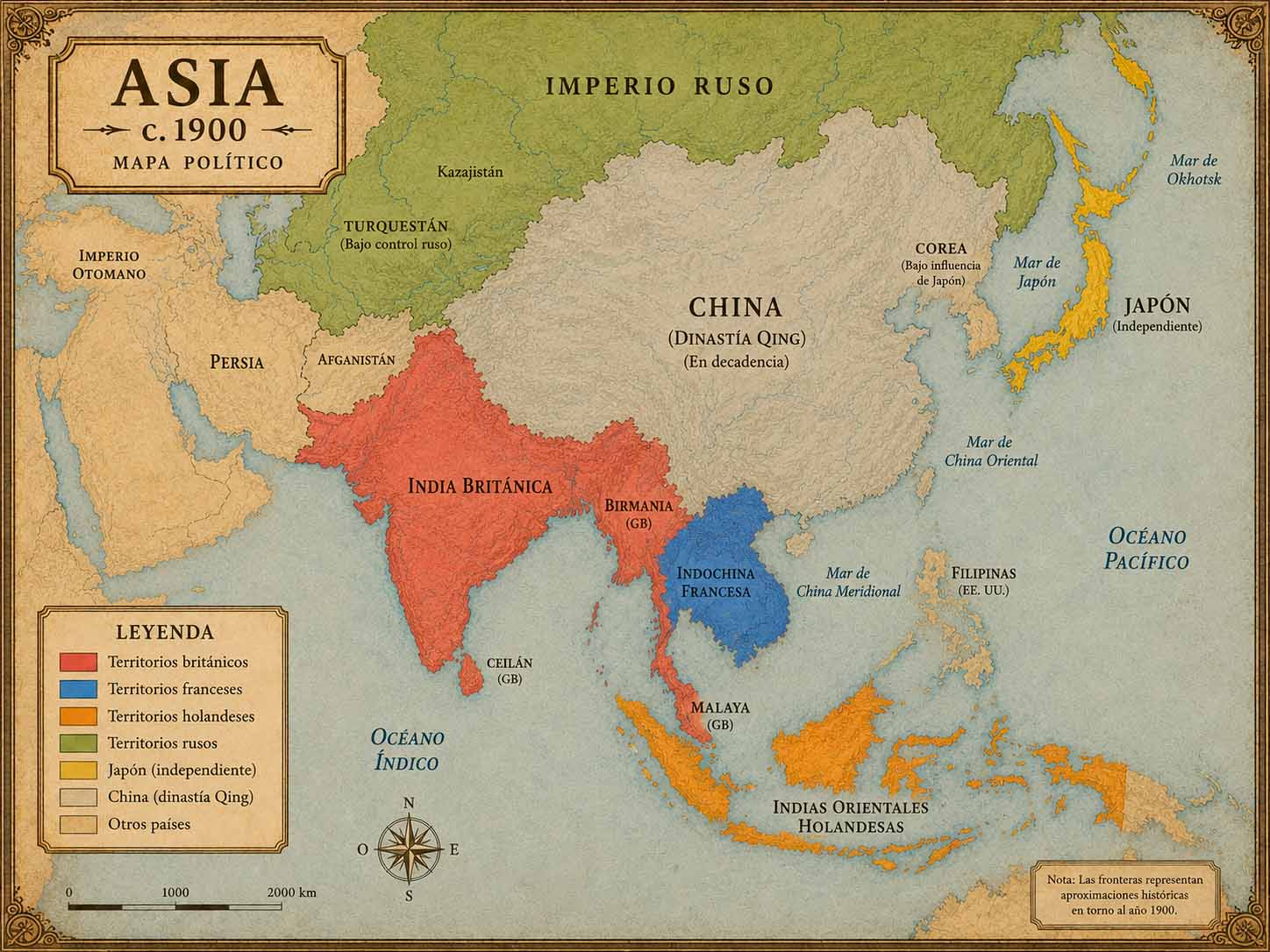 Mapa del este de Asia mostrando la expansión territorial del Imperio Japonés entre 1868 y 1910: Taiwán, Corea, Manchuria del Sur y archipiélagos del Pacífico