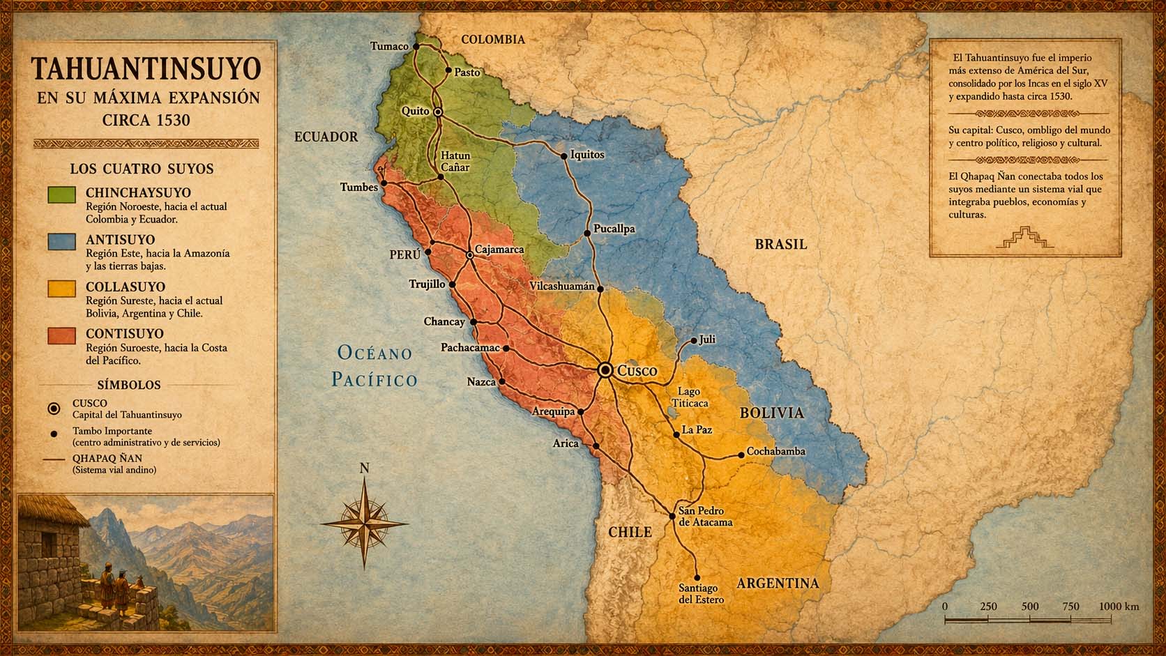 Mapa del Tahuantinsuyo en su máxima expansión mostrando los cuatro suyos, los principales centros administrativos y las rutas del Qhapaq Ñan