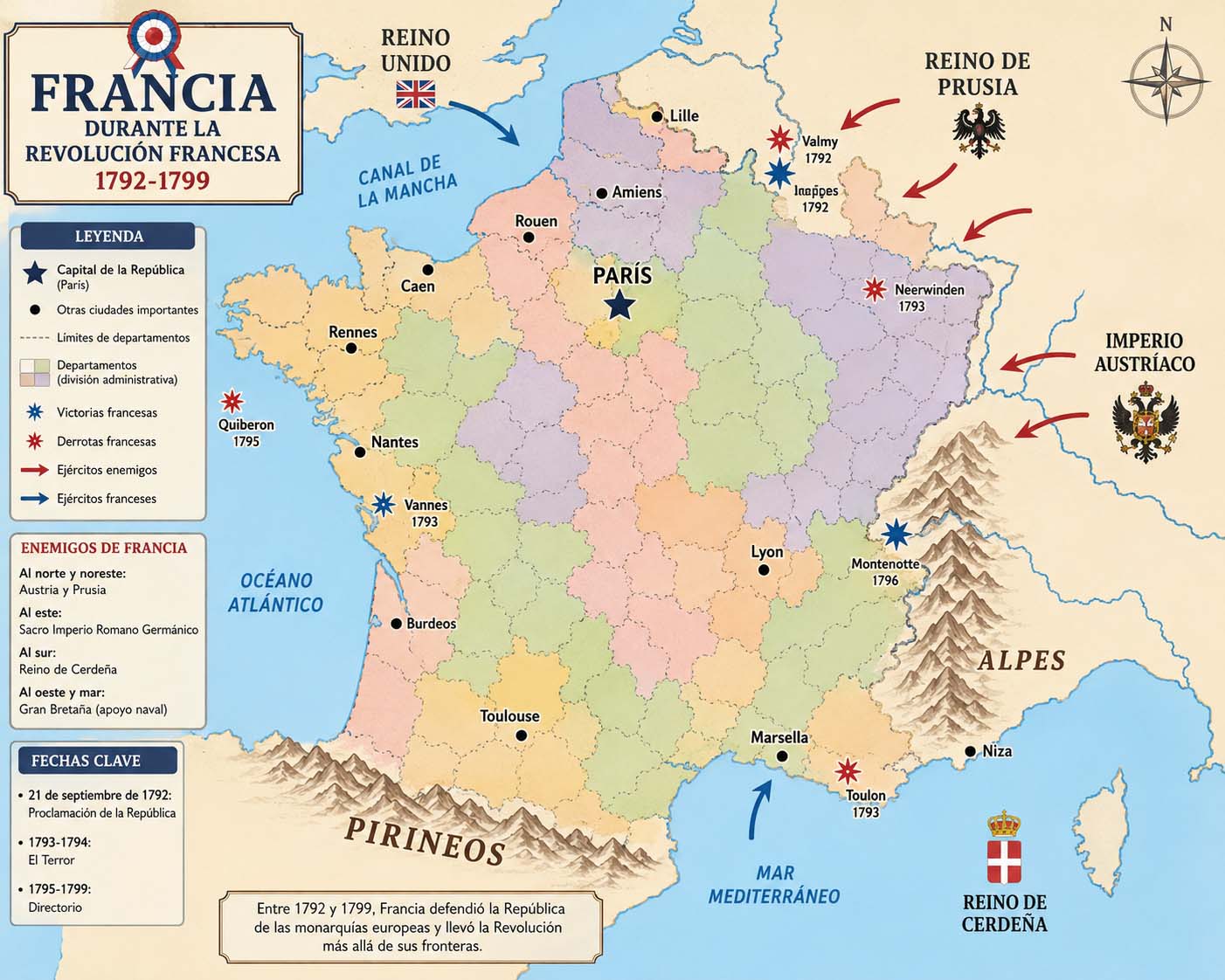 Mapa de Francia durante la Revolución con las fronteras y las guerras