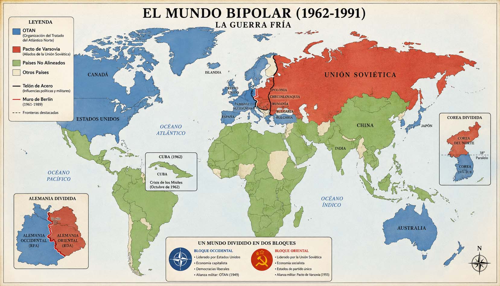 Mapa del mundo bipolar durante la Guerra Fría con bloques capitalista y comunista
