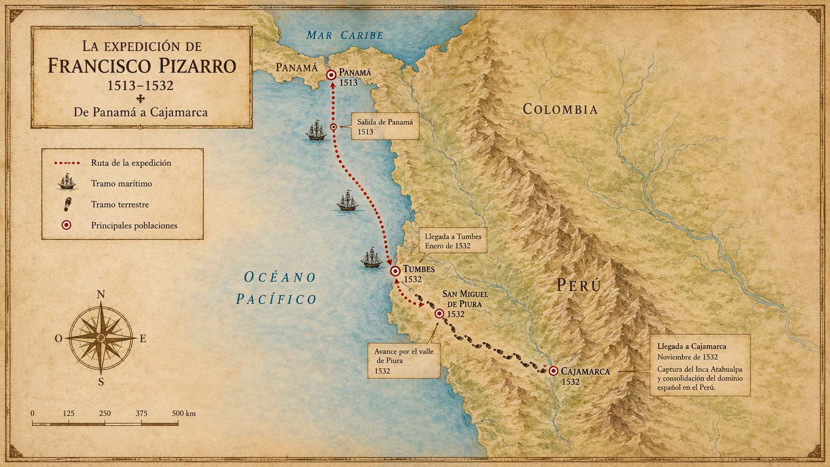 Mapa de la ruta de la expedición de Pizarro desde Panamá hasta Cajamarca, pasando por Tumbes y la sierra norte del Perú