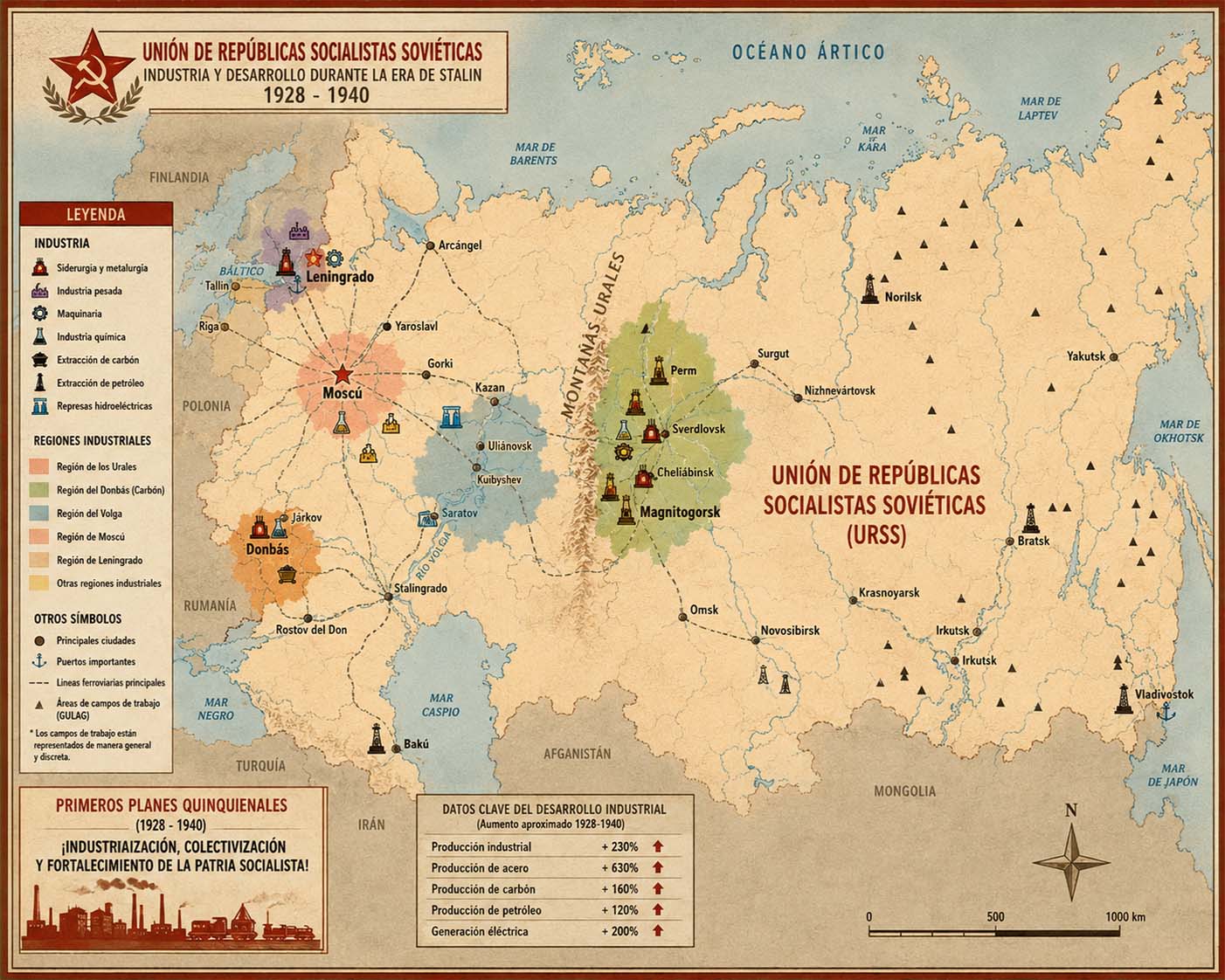 Mapa de la URSS mostrando las zonas industriales y los campos Gulag
