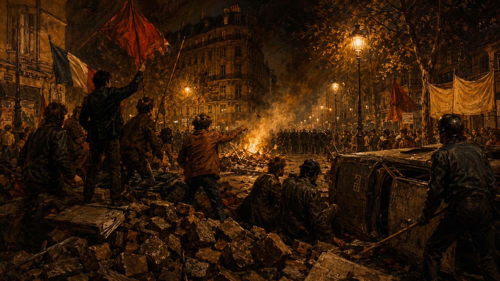 Fotografía del Mayo del 68 en París: estudiantes en el Barrio Latino levantando barricadas frente a la Policía francesa, con pancartas de protesta