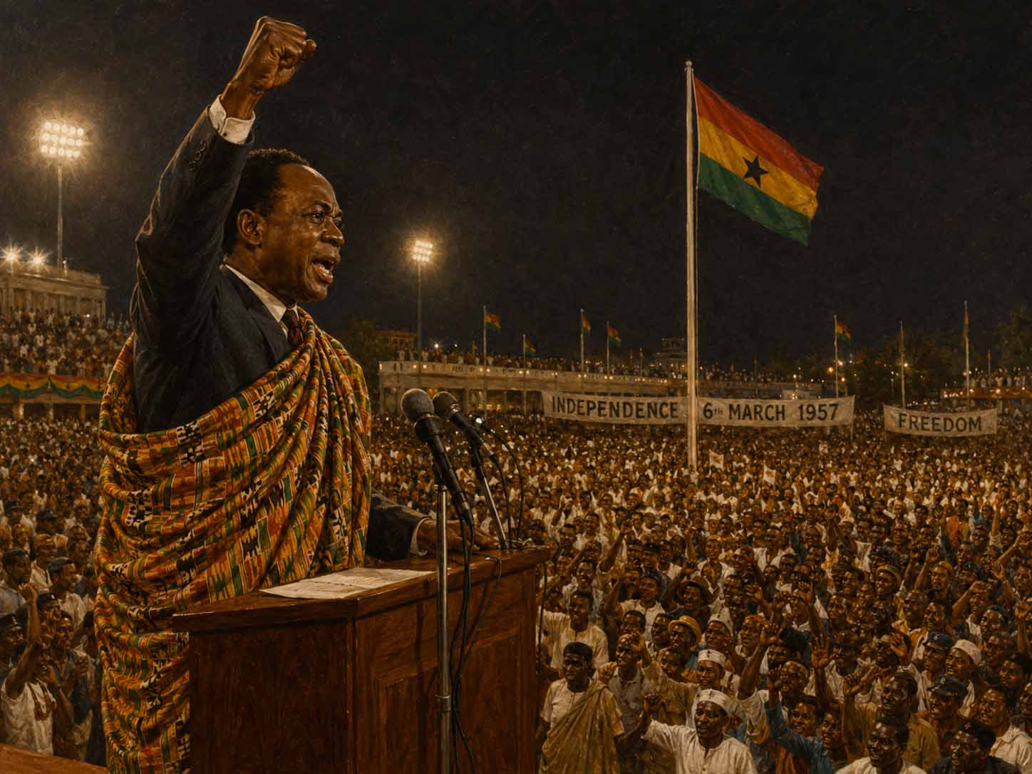 Kwame Nkrumah pronunciando el discurso de independencia de Ghana el 6 de marzo de 1957 ante una multitud en Accra