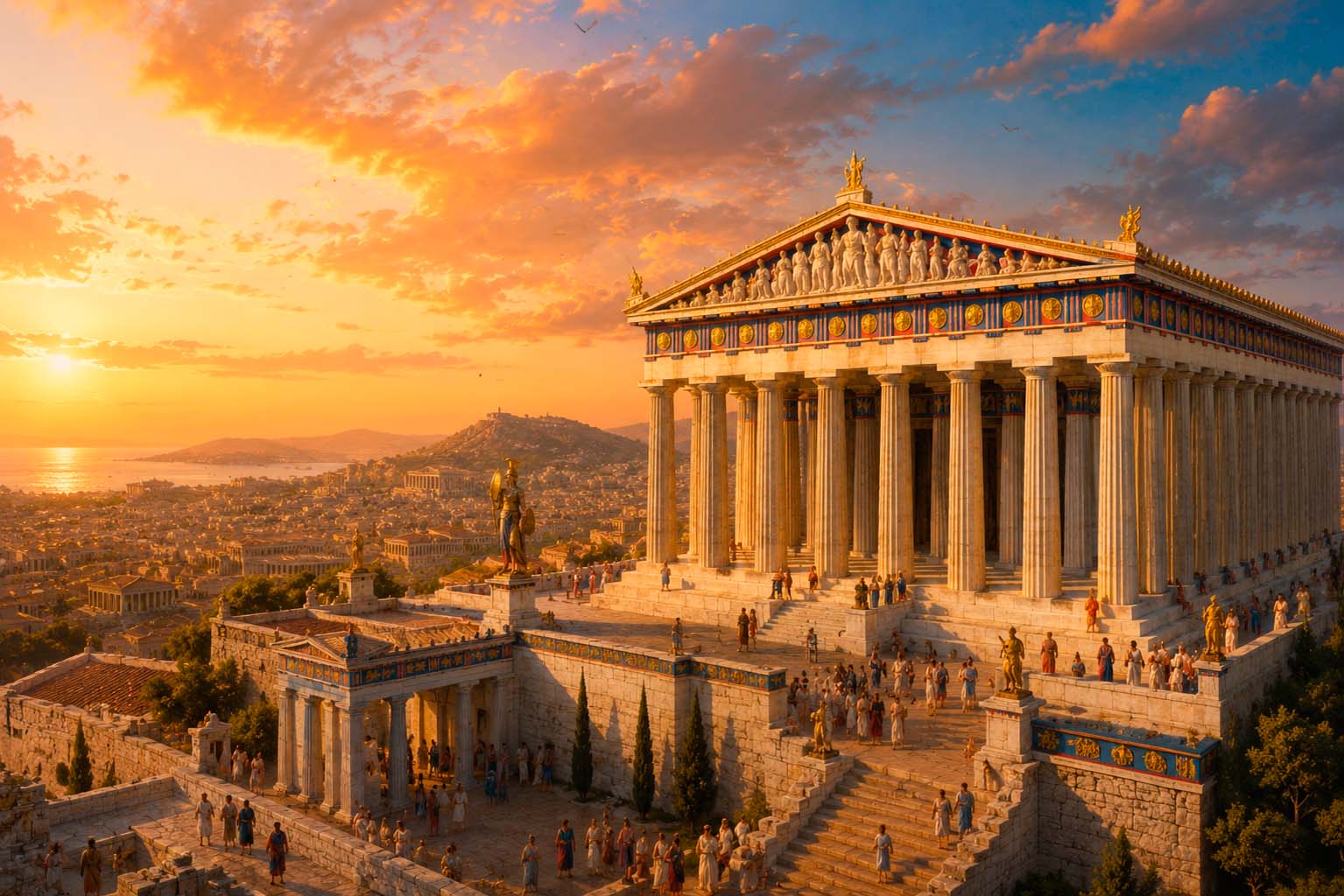 El Partenón en la Acrópolis de Atenas con la ciudad de Atenas al fondo al atardecer, columnas dóricas de mármol blanco