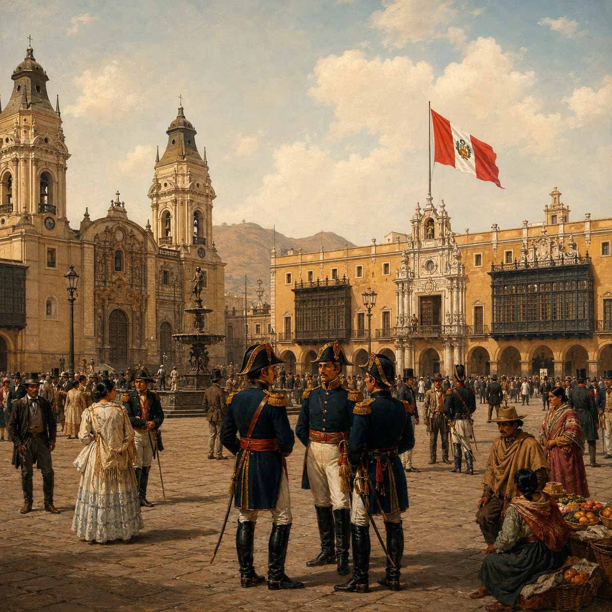Ilustración histórica del Lima republicana en la década de 1820, con la Plaza Mayor, la bandera peruana y oficiales en uniformes militares de la época