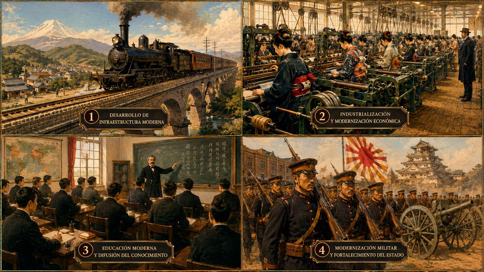 Collage ilustrado de las principales reformas de la Restauración Meiji: ferrocarril, fábrica textil, universidad, ejército moderno, parlamento