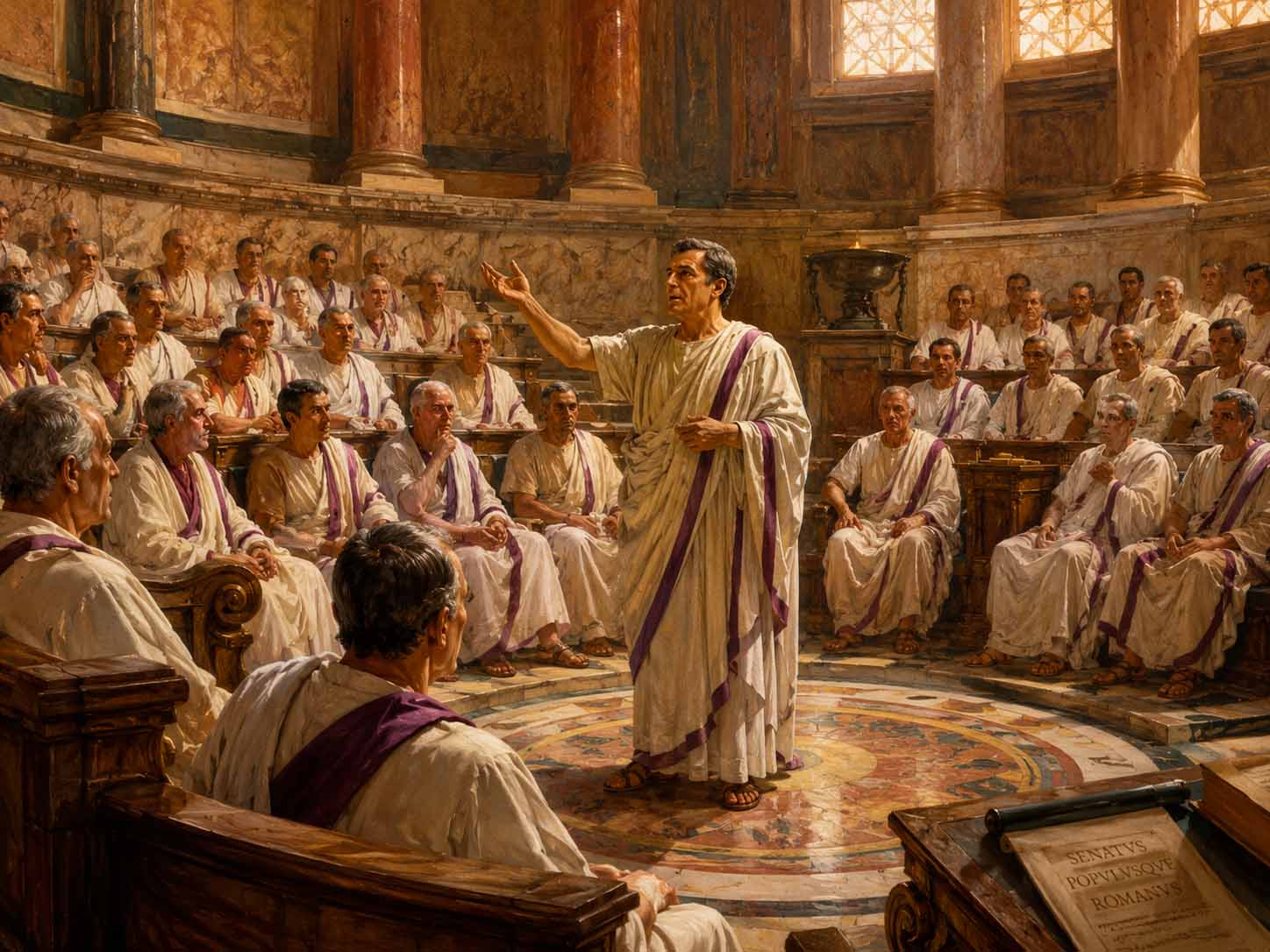 Ilustración del Senado romano en debate: senadores patricios con togas blancas en una sala circular con columnas, escuchando a un orador de pie