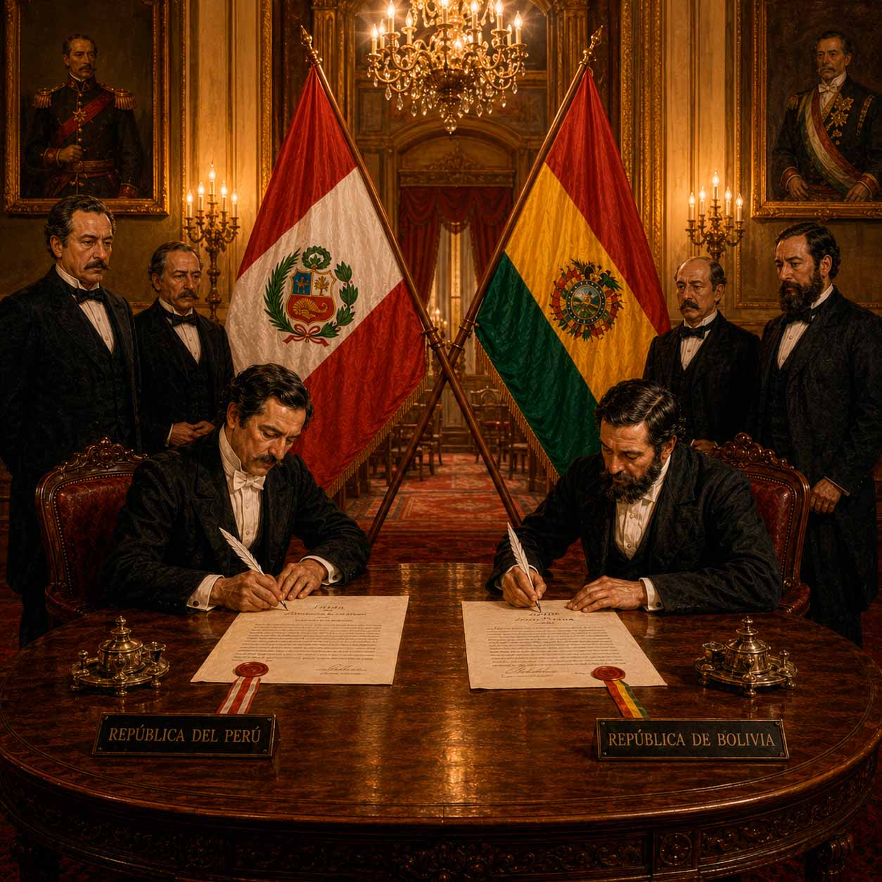 Reproducción histórica del documento del Tratado de Alianza Defensiva entre Perú y Bolivia de 1873, con sellos y firmas de los plenipotenciarios de ambos países
