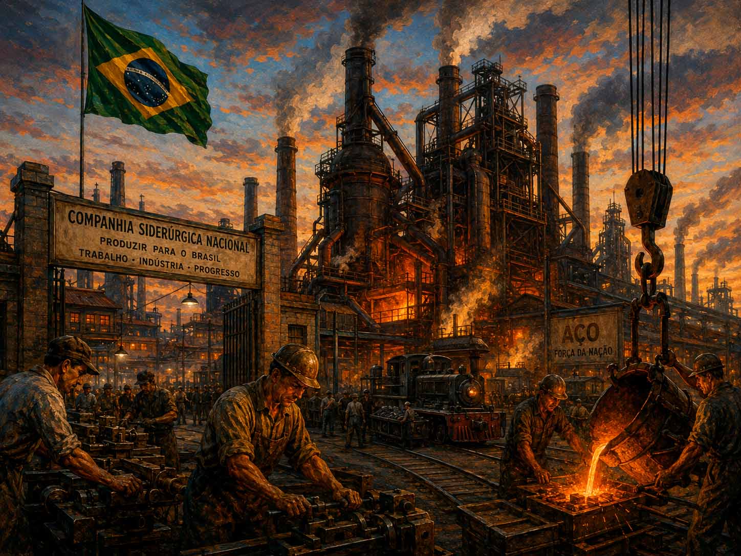 Ilustración de una gran planta siderúrgica brasileña de los años 1940, con altos hornos y trabajadores, simbolizando la industrialización del Estado Novo de Getúlio Vargas