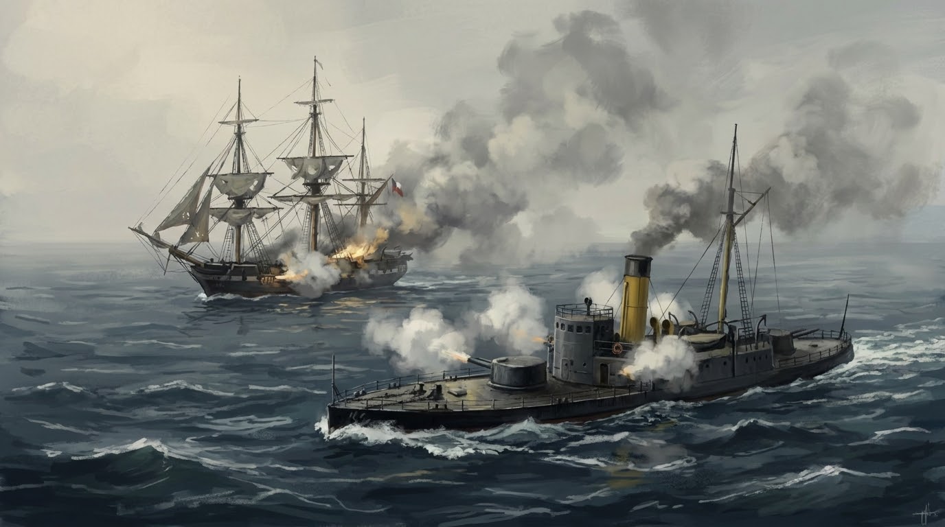 Escena histórica del combate naval de Iquique de 1879 entre buques peruanos y chilenos
