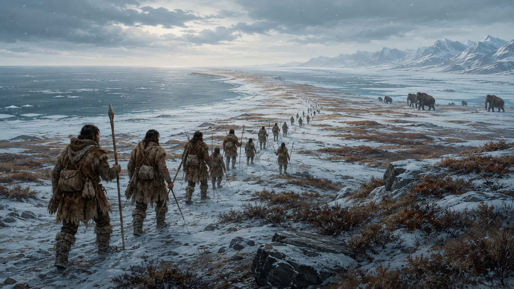 Ilustración histórica de grupos de cazadores recolectores cruzando el puente de Beringia durante la última Glaciación