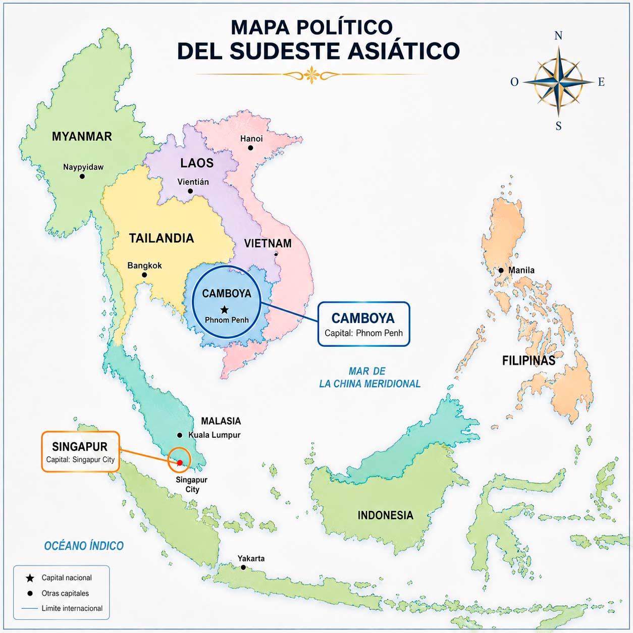 Mapa político del sudeste asiático que señala la ubicación de Singapur y Camboya, con sus capitales y países vecinos