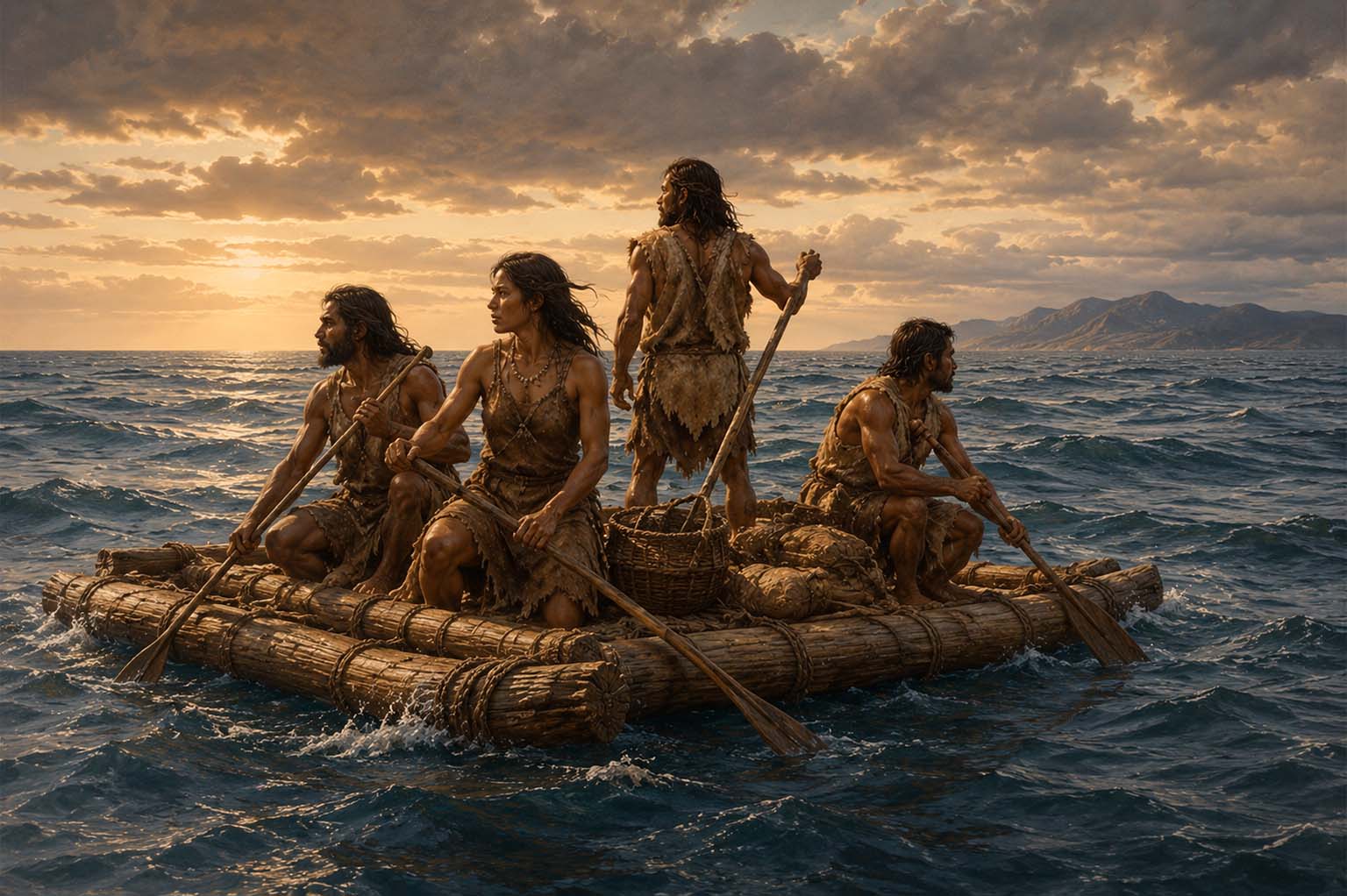 Ilustración histórica de navegantes en embarcaciones sencillas cruzando el océano Pacífico según la teoría oceánica de Paul Rivet