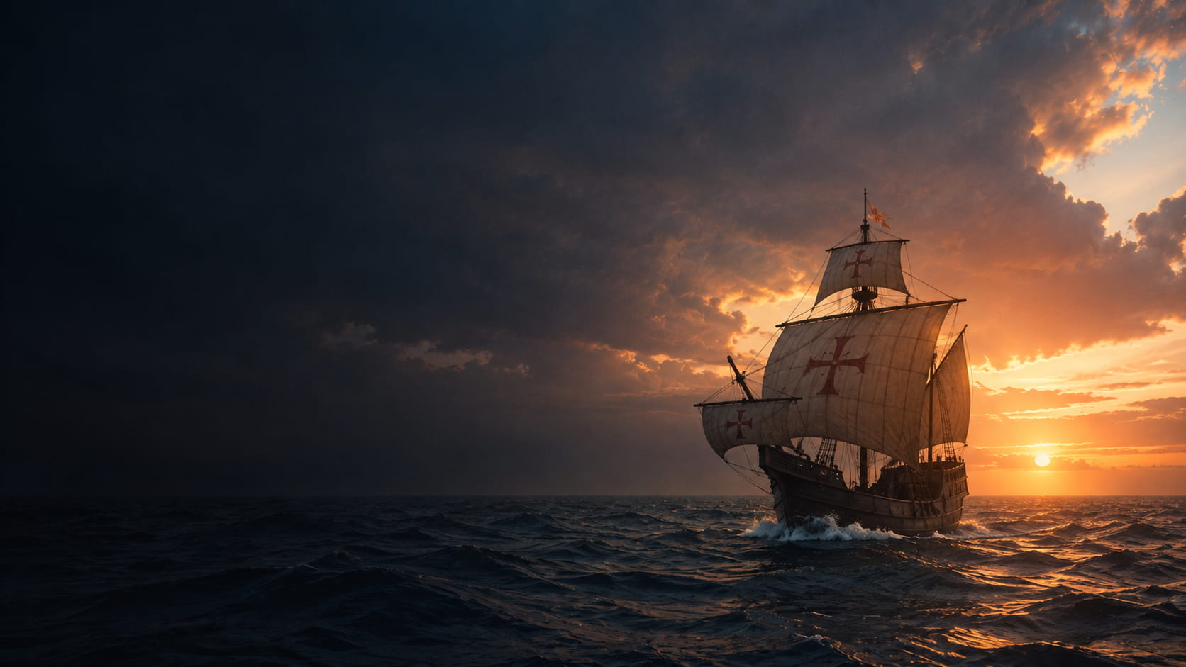Carabela navegando en mar abierto bajo un cielo dramático al amanecer