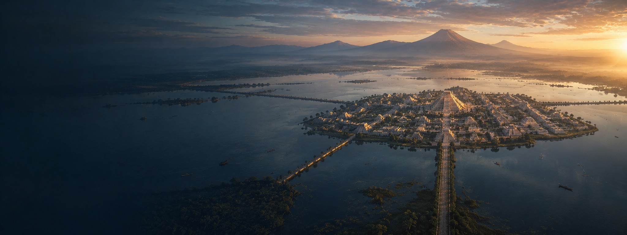 Vista aérea al amanecer de una ciudad antigua construida sobre una isla en medio de un lago, unida a la orilla por calzadas