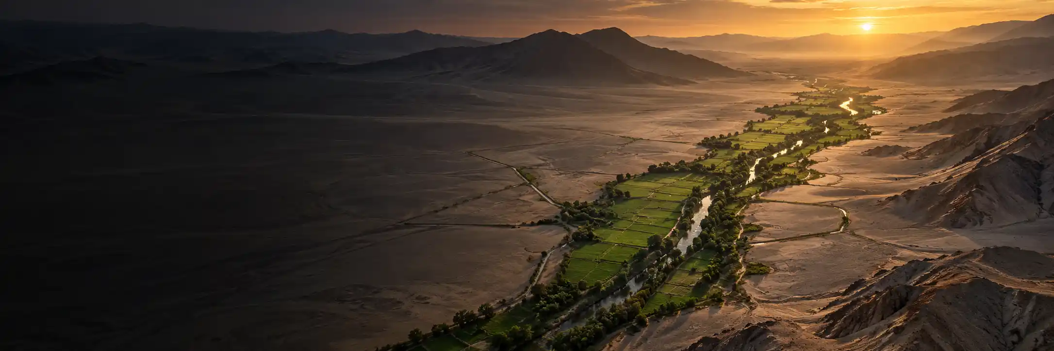 Franja verde de cultivos atravesando un desierto costero seco, vista desde el aire al atardecer
