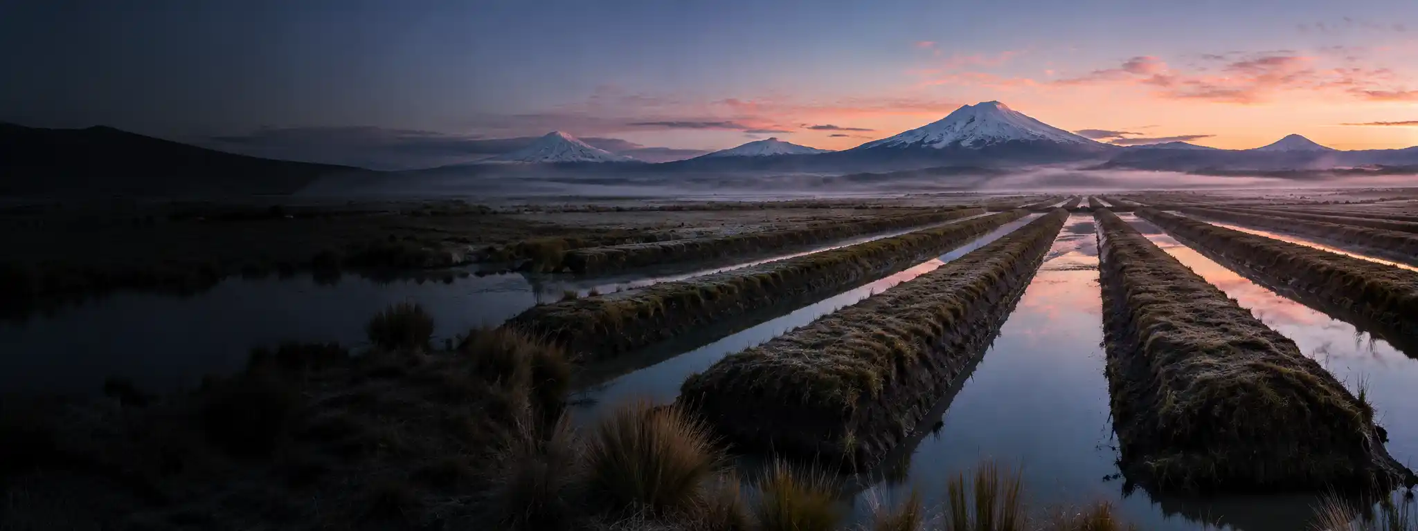 Campos elevados rodeados de canales de agua en un altiplano al amanecer, con el agua reflejando el cielo