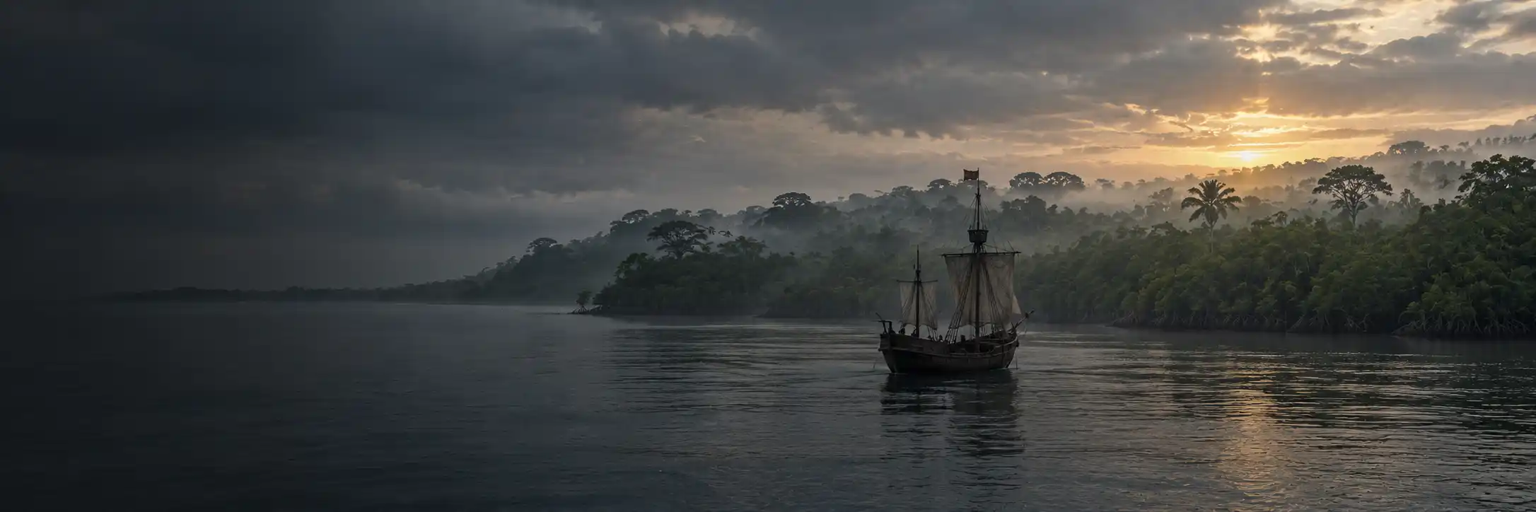 Costa de manglar y selva vista desde el mar al amanecer, con una nave pequeña detenida frente a la orilla