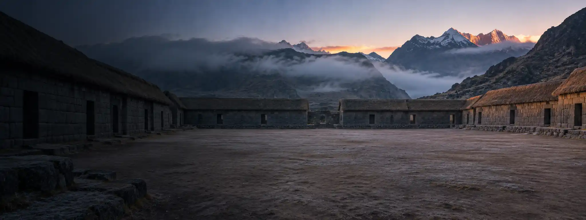 Plaza rectangular vacía de un asentamiento andino al amanecer, rodeada de edificios bajos de piedra