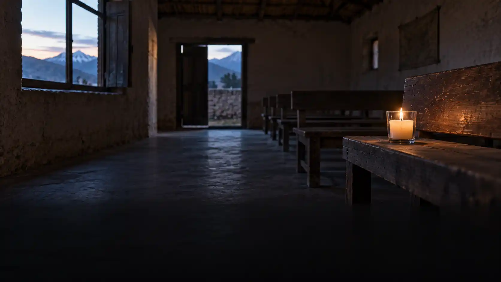 Vela encendida sobre una banca de madera en un salón comunal andino vacío, al amanecer