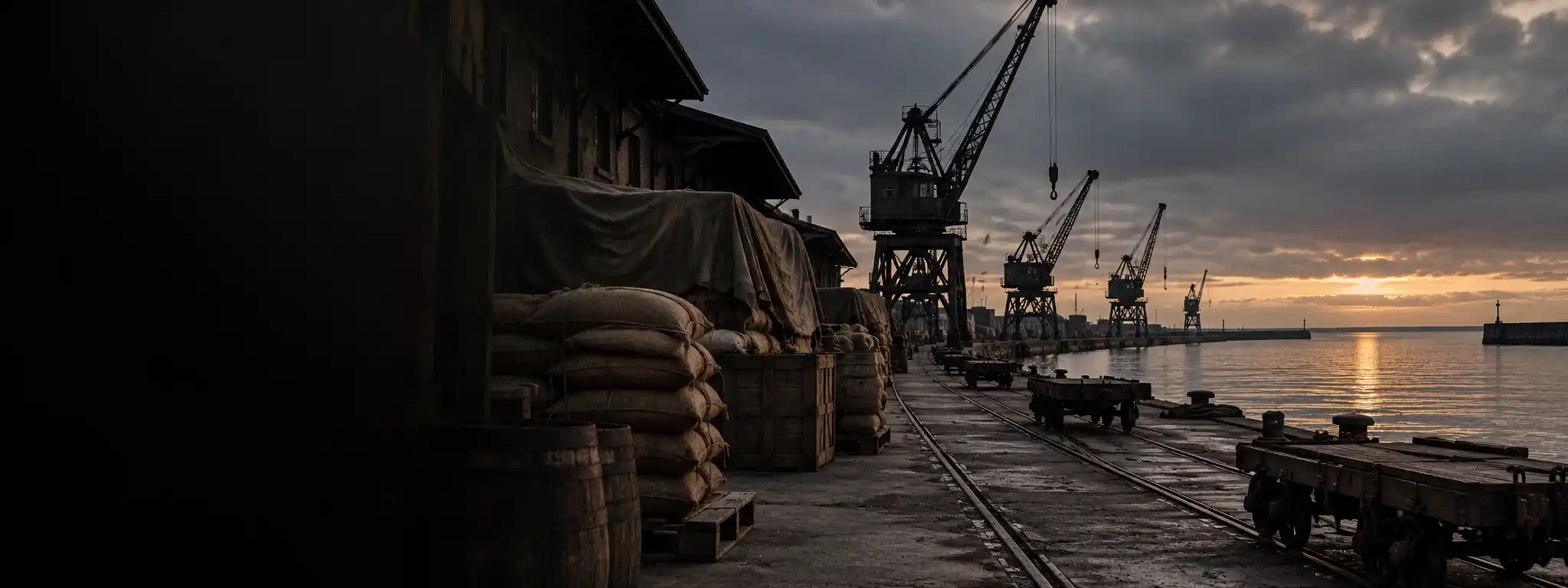 Muelle portuario de los años treinta con sacos apilados sin cargar y grúas detenidas, al atardecer