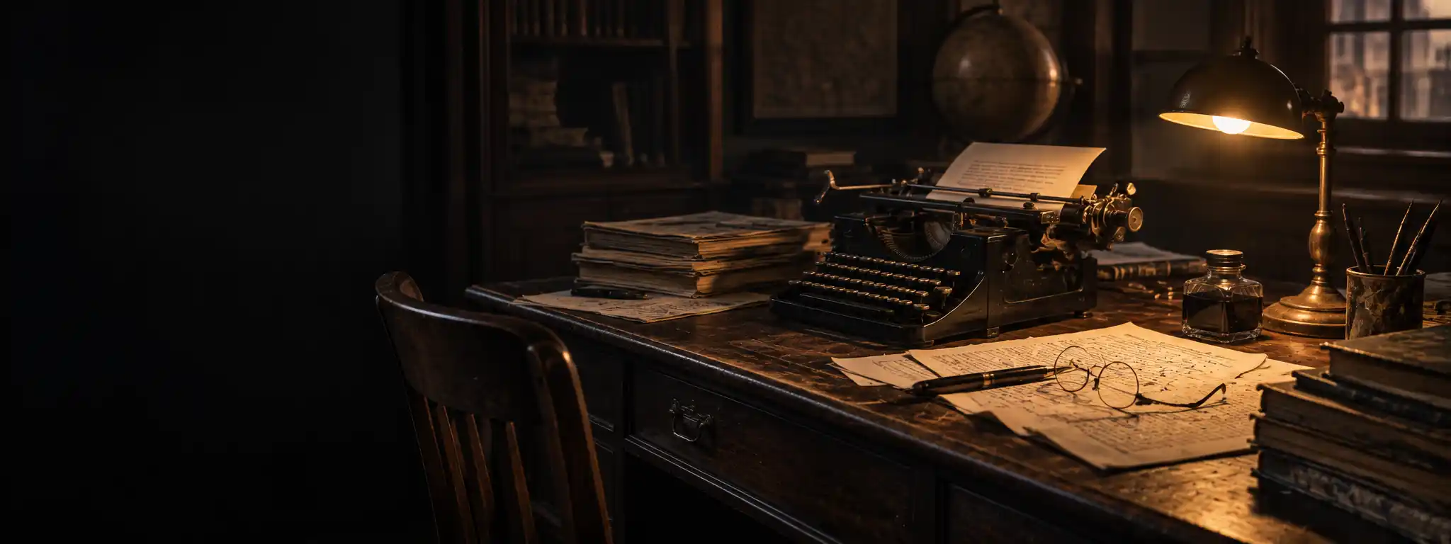 Escritorio de los años veinte con máquina de escribir, revistas apiladas y hojas corregidas a mano