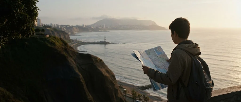 Un adolescente mira un mapa de papel desplegado sobre el malecón de un acantilado frente al mar, al atardecer