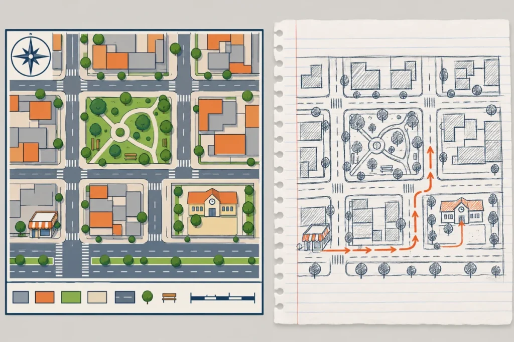 Dos láminas lado a lado: a la izquierda un mapa impreso de unas calles con colores, rosa de los vientos, recuadro de leyenda y barra de escala; a la derecha el mismo barrio dibujado a mano con lápiz, con un parque, una bodega y flechas