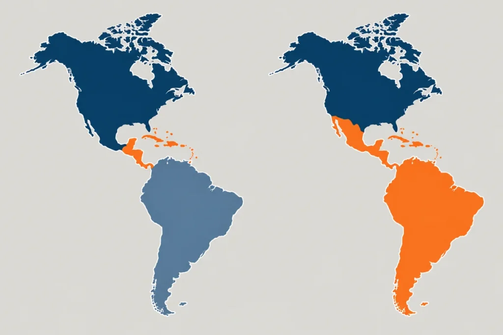 Dos mapas del continente americano lado a lado: a la izquierda dividido en tres colores, norte, centro y sur; a la derecha dividido en dos colores, la parte anglosajona arriba y la parte latina abajo