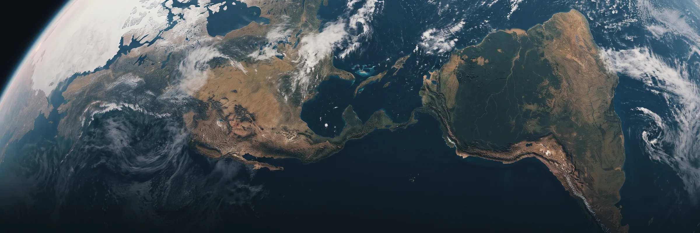 El continente americano visto desde el espacio, de norte a sur, con el océano Pacífico a la izquierda y el Atlántico a la derecha