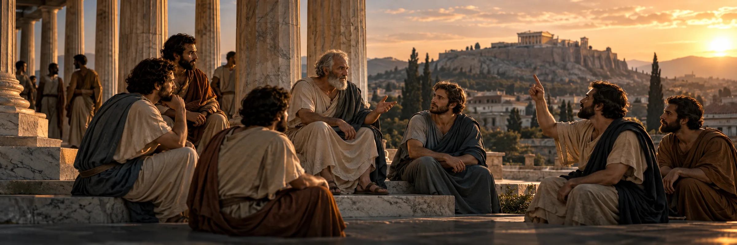 Un anciano de barba con túnica conversa con un grupo de jóvenes bajo las columnas de un pórtico griego, al atardecer