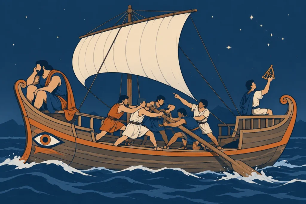 Ilustración de un barco antiguo: un hombre grande y distraído en la proa, marineros que se empujan por el timón y, apartado, un piloto que mira las estrellas