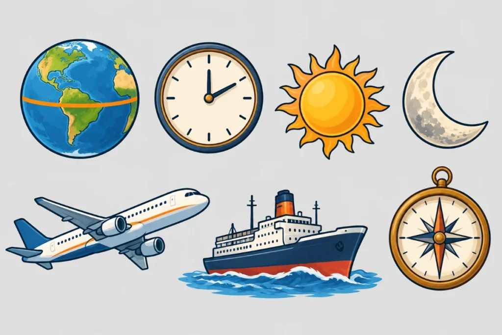 Lámina con íconos sencillos: un globo terráqueo, un reloj, un sol, una luna, un avión, un barco y una brújula